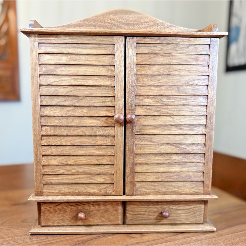 Vintage 70s Wood Shutter Kitchen Spice Cabinet Louvered Doors 2 Drawers Cottage